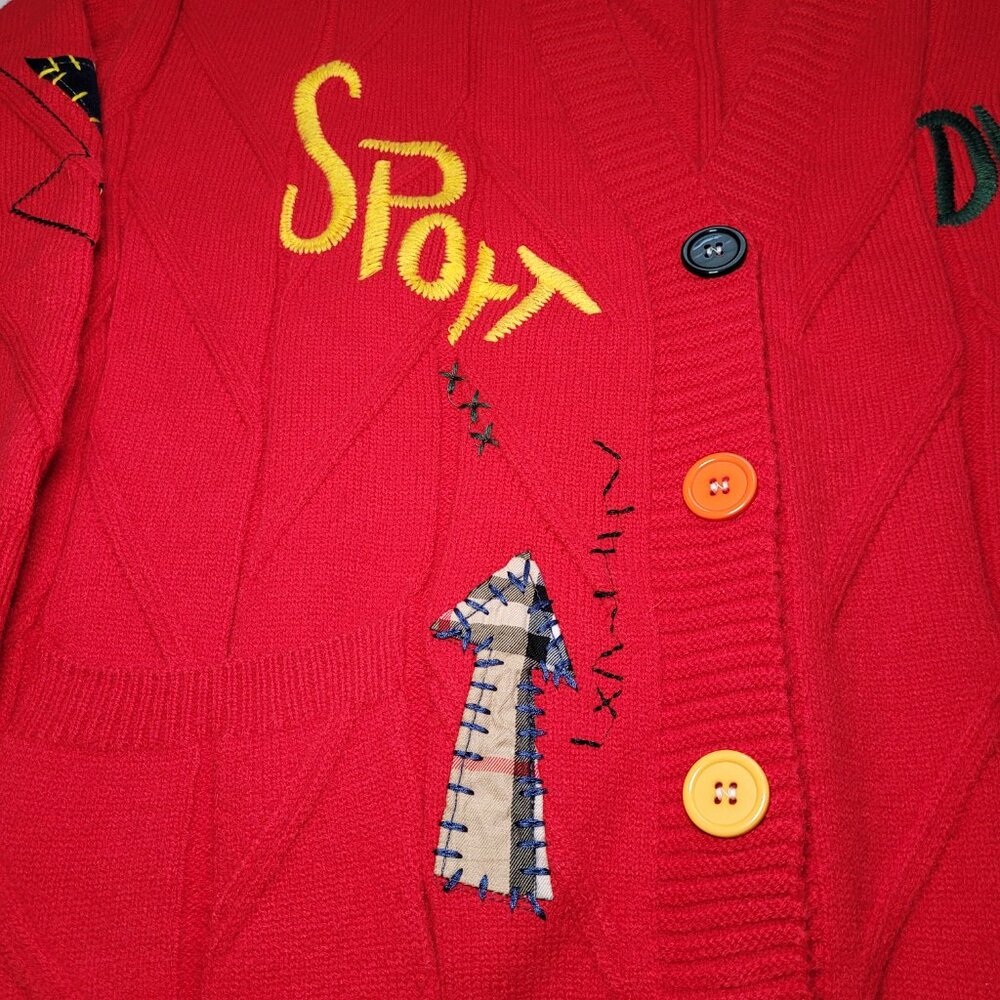 Ebossy Knit Cardigan Red Colorful Embroidery Patches Women Medium Streetwear Y2K - Picture 7 of 11